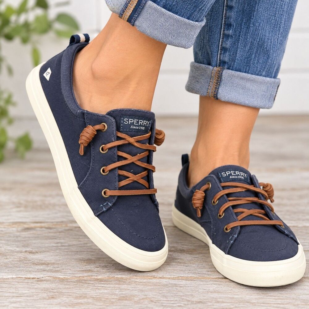 Sperry Top-Sider Womens 8 Navy Blue Canvas Boat Shoes Leather Laces Sneakers